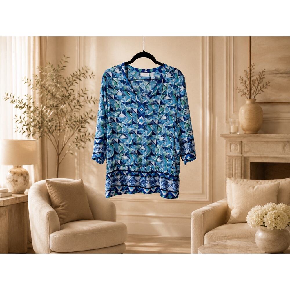 Chico’s Beaded Sheer Peplum Top Blue Geometric Split Neck 3/4 Sleeve M 12 Resort